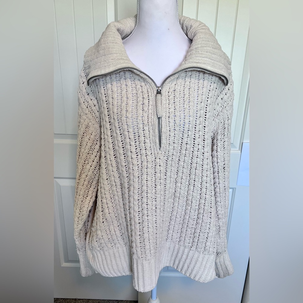 Aerie Cream Cowl Neck Cable Knit Quarter Zip Cozy VERY SOFT Sweater Sz Large